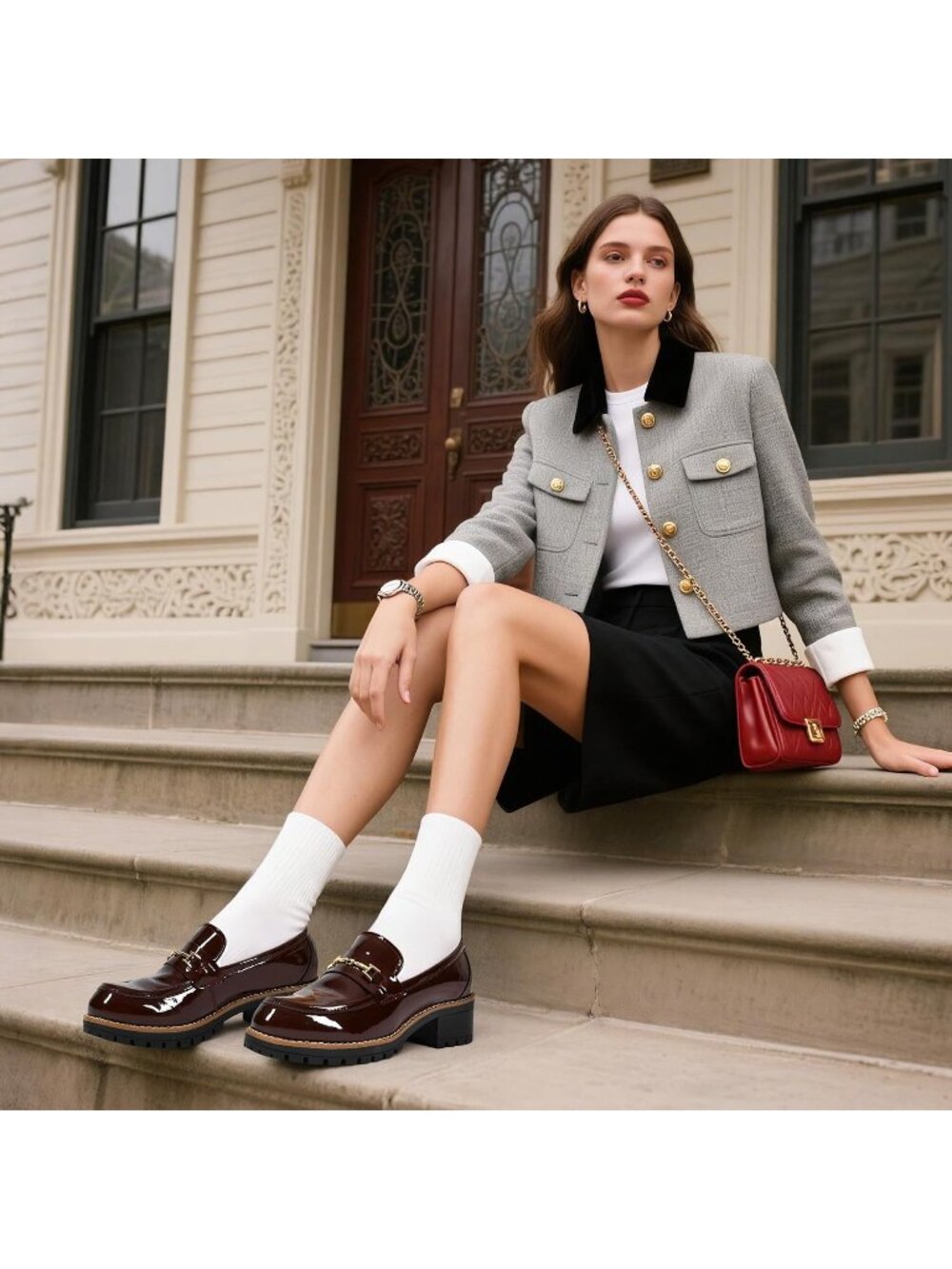 DREAM PAIRS Women Burgundy Comfortable Chunky Latex Insole Platform Loafer Shoes - Picture 2 of 5